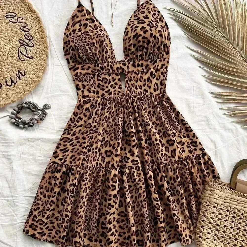 Multicolor Sexy Women's Leopard Print Layer Hem Cami Dress - Picture 1 of 5